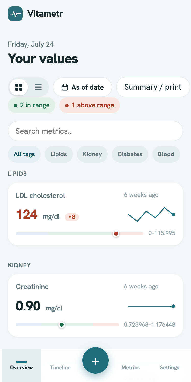 Vitametr overview screen with the latest health values